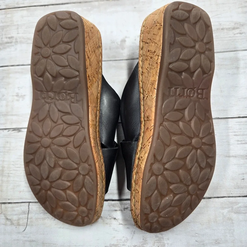 Born BR0021103 Wedge Sandal Women 6M Black Leather Cork Platform Cross Strap